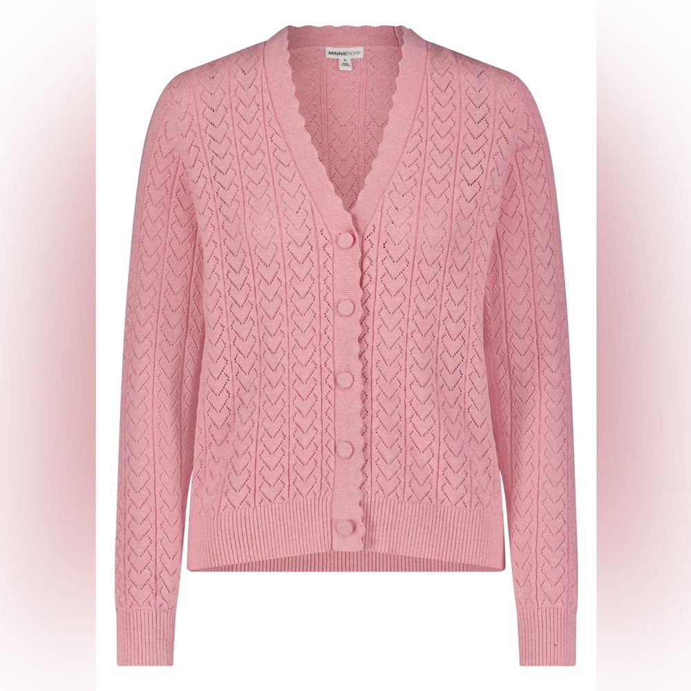 Cotton Cashmere Heart Pointelle Scalloped Cardigan (Pink)